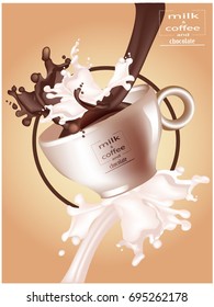 Coffee cappuccino in a cup on the background of splashing milk and chocolate