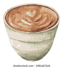 Coffee cappuccino in cup watercolor paint.