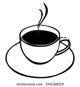 Coffee, cappuccino or espresso cup with hot coffee and steam above, vector, illustration, in black and white color, isolated on white background