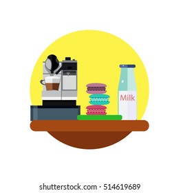 Coffee - cappuccino, mocha. Vector illustration. Flat. Coffee break flat design. The Cup set. A coffee machine, a shelf, milk, macaron