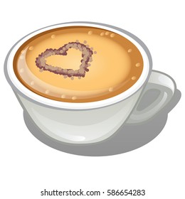 Coffee cappuccino with a picture in the shape of a heart in porcelain cup isolated on a white background. Cartoon vector close-up illustration.