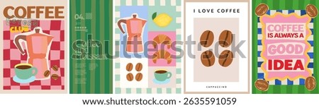 Coffee and cappuccino. Vector illustration of coffee pot, cappuccino or americano cup, croissant pastry, coffee beans, lemon for kitchen or cafe art poster, postage stamp, background or postcard