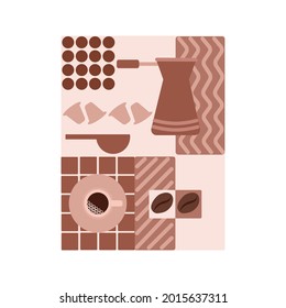 Coffee capsule, cup of coffee and sugar and beans
