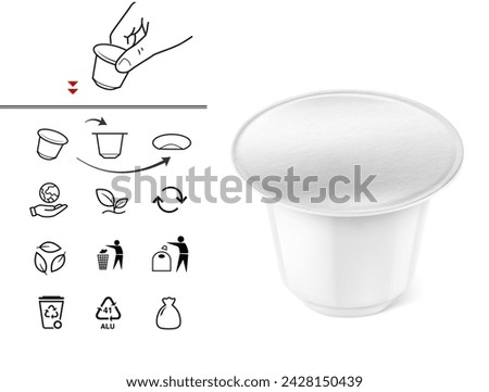 Coffee capsule mockup with set icons for recycling. Vector illustration on white background. Easy to use for presentation your product, idea, design. EPS10.
