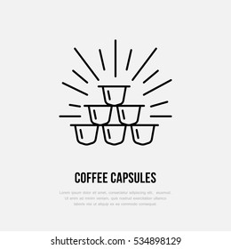 Coffee capsules vector line icon. Barista equipment linear logo. Outline symbol for cafe, bar, shop