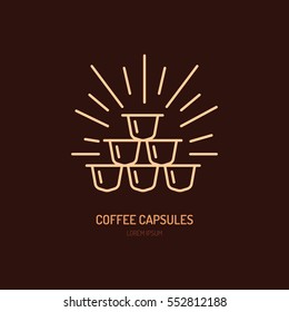 Coffee capsules vector line icon. Barista equipment linear logo. Outline symbol for cafe, bar, shop.