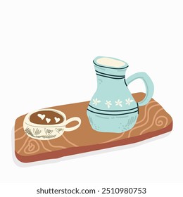 Coffee, capuccino cup, served on wooden board, tray. Cozy aesthetic jug. Flat vector illustration.