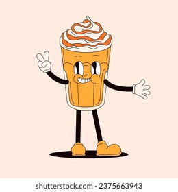 Coffee caramel frappuccino character in groovy style. Vintage funny coffee glassful. Cartoon vector illustration.