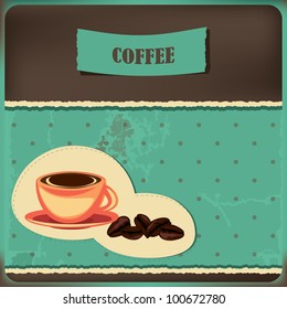 Coffee card with cup and beans on the retro background with polka dots