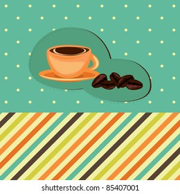 Coffee card with cup and beans on the retro background with polka dots