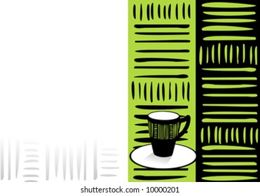 Coffee card with cup black and white and green decoration.