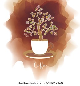 Coffee card with decorative coffee tree growing from the cup. Coffee fragrance concept