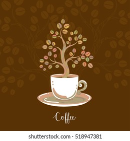 Coffee card with decorative coffee tree growing from the cup. Coffee fragrance concept