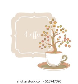 Coffee card with decorative coffee tree growing from the cup. Coffee fragrance concept