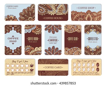 Coffee card design set in vintage style. Vertical and horizontal cards with loyalty program.  EPS 10 vector template collection.