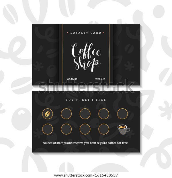 Coffee card, loyalty program for coffee  shop\
or cafe. Pre-made layout, special offer for customers to collect\
stamps, buy 9 get one free. Modern simple design with doodle\
illustrations and\
lettering.