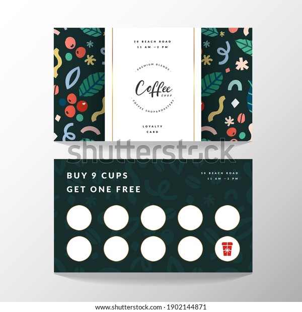 Coffee card, loyalty card\
for coffee shop with place for collecting stamps, vector template\
with logo and doodle illustrations, modern simple design, good for\
cafe.