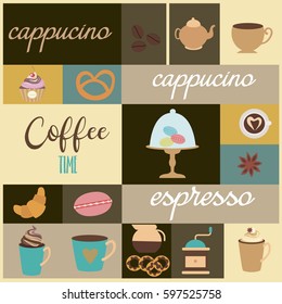 Coffee card, Menu card, greeting card. Vector illustration