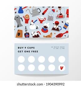 Coffee card template, vector layout for loyalty program. Minimalist design with modern illustrations of coffee cups and mugs. Collect stamps and get free coffee