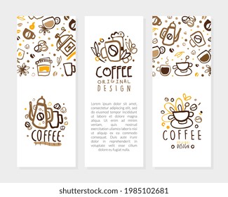 Coffee Card Templates with Text Set, Coffee Shop, Cafe Banner, Poster, Business Card, Menu Page with Aroma Beverages Seamless Pattern Vector Illustration