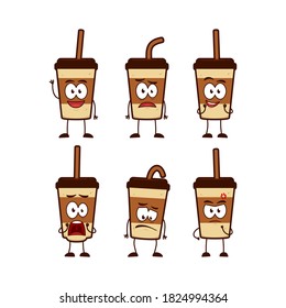 coffee cardboard cup character cartoon mascot set expression in funny style