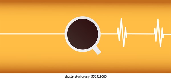Coffee and cardiogram on yellow background. Vector illustration with copy space