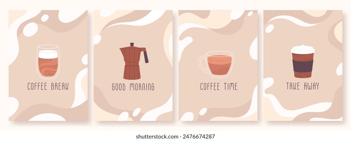 Coffee cards. Americano espresso latte drinks and coffee maker. Cafe shop cafeteria bar flyers. Decorative banners, morning drinks racy vector templates