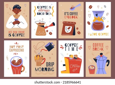 Coffee cards. Breakfast food and hot drinks elements, makers and grinders, morning beverages lover, brewing mugs and pots, hand drawn posters with text, swanky vector cartoon flat set