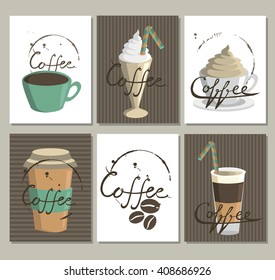   Coffee. Cards with calligraphy. Coffee drinks. Calligraphy. Lettering. Cute vector illustration for postcards, posters, stickers.