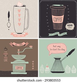 Coffee cards - Hand drawn style. Vector illustration.