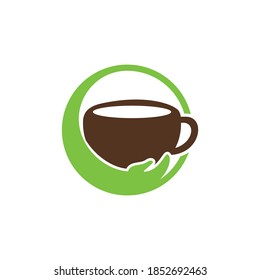 Coffee care vector logo design. Coffee cup and hand icon design.