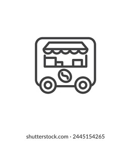 Icono de línea de Carrito de café. signo de estilo lineal para concepto móvil y Diseño web.  Icono de Vector de contorno de Carrito de café móvil. Símbolo de cafetería portátil, ilustración de logotipo. Vector gráfico