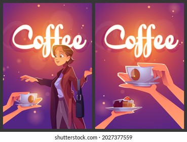 Coffee cartoon ad posters, woman take cup of drink