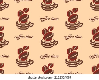 Coffee cartoon character seamless pattern on brown background.Pixel style
