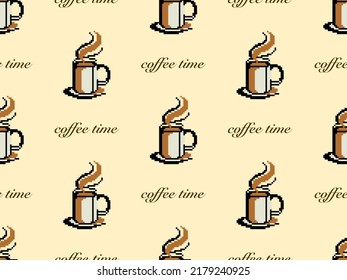 Coffee cartoon character seamless pattern on yellow background. Pixel style