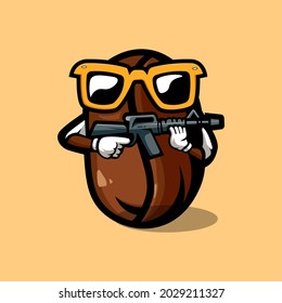 coffee cartoon mascot design wearing glasses and carrying a gun