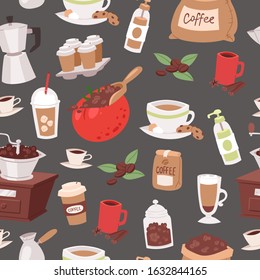 Coffee cartoon objects vector seamless pattern. Illustration of coffee drink symbols collection. Mug cup of espresso, decaf, mocha and bag of coffee beans, coffee making machine, handmill and cookies.