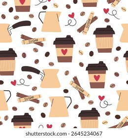 Padrão de desenho animado de café. Xícaras de café de papel, cezvas e palitos de açúcar. Plano de fundo de repetição uniforme.