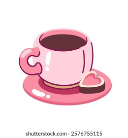 Coffee in cartoon pink cup with heart cake on plate. Funny hot coffee, cappuccino or chocolate in mug for morning. Valentines day dessert mascot, cartoon cute breakfast with love vector illustration