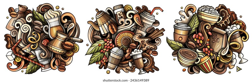 Coffee cartoon vector doodle designs set. Colorful detailed banner with lot of objects and symbols compositions.