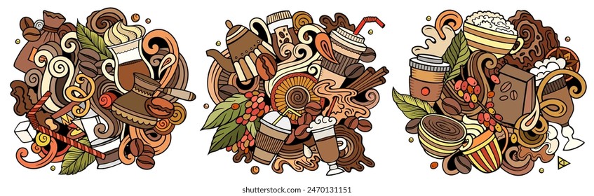 Coffee cartoon vector doodle designs set. Colorful detailed banner with lot of objects and symbols compositions.