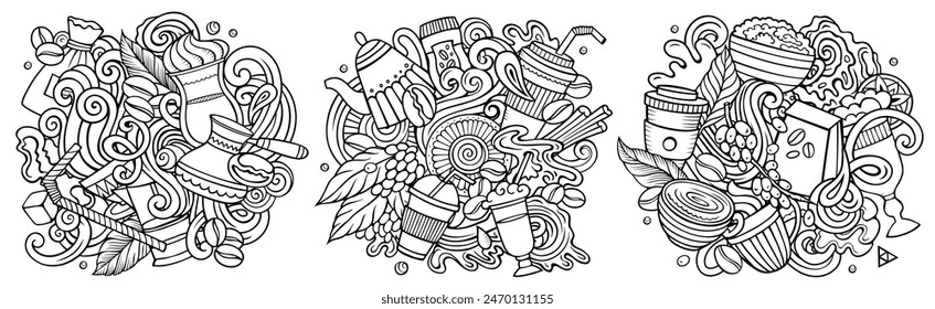 Coffee cartoon vector doodle designs set. Sketchy detailed banner with lot of objects and symbols compositions.