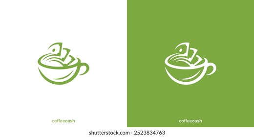 Coffee Cash Logo. Coffee Mug and Money with Minimalist Style. Coffee Business Logo, Icon, Symbol, Vector, Design Inspiration.