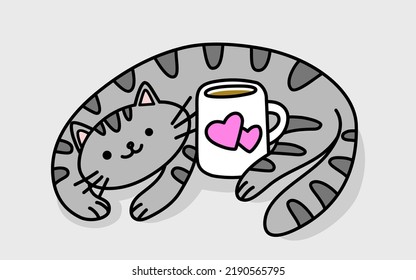 Coffee cat, cute kawaii cat with coffee mug 