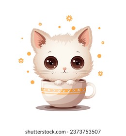 Coffee cat. Cute kitten in coffee cup, tea, cartoon style. Vector illustration isolated on white background.