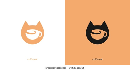 Coffee Cat Logo Design. Cat Head ora Cat Face and Coffee Cup, Mug. Cafe and Resto Logo, Icon, Symbol, Vector, Design Template.