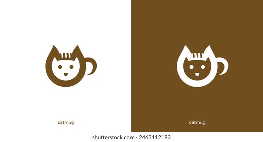 Diseño de logotipo de gato de café. Cabeza de gato o cara de gato y taza de café, té, taza. Café y Resto Logo, Icono, Símbolo, Vector, Plantilla de diseño.