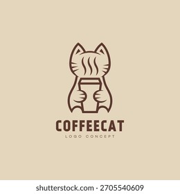 Coffee cat logo design template. Linear graphic style. Vector illustration.