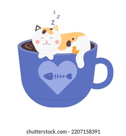 Coffee cat poster. Adorable kitten sleep in catpuccino coffee cup vector concept isolated in white background