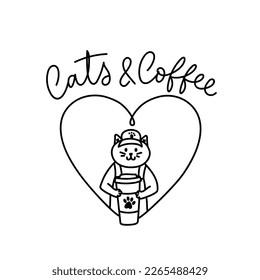 Coffee   cats one line art and barista cat   hand lettering  Cute cat holding cup coffee and heart  Coffee concept for logo  print  textile  card  poster etc  Vector illustration